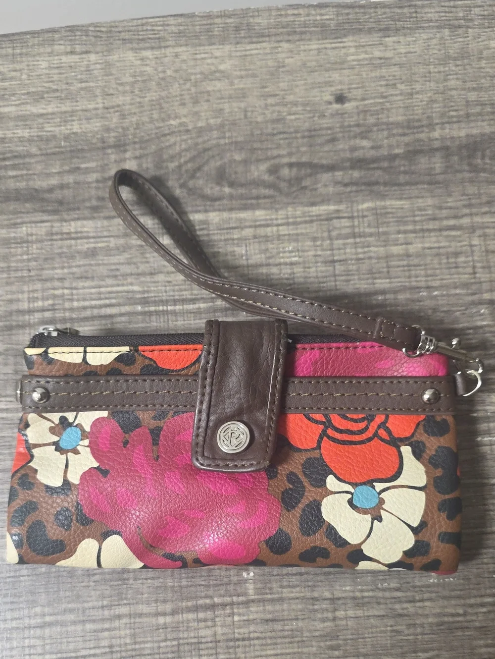 Relic Brown Floral Leopard Wristlet with Pink & Orange Accents